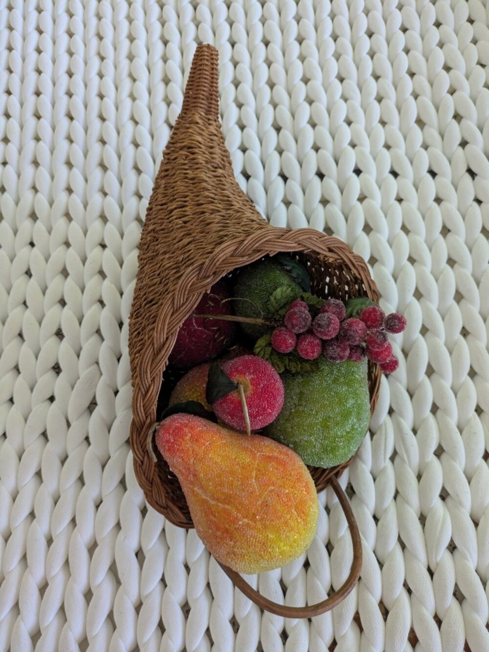 Cornucopia basket with 7 pcs faux fruit, apples, pears, grapes, fall decor